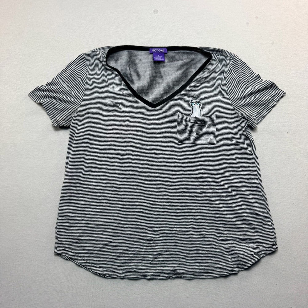 Hot Gal Pocket Tee Women Medium Black White Excellent Striped Cat Embroidery